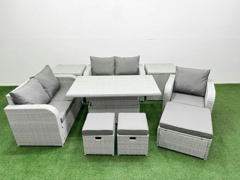 Fimous High Back Poly Rattan Garden Furniture Set, Adj Height Table, Reclining Loveseat, Indoor Outdoor Patio, 3 Stools and 2 Side Tables, Light Grey