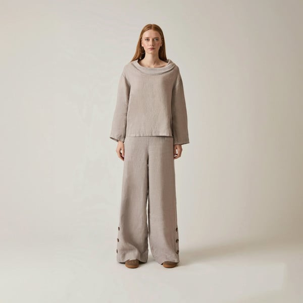 James Lakeland Cowl Neck Linen Taupe Top