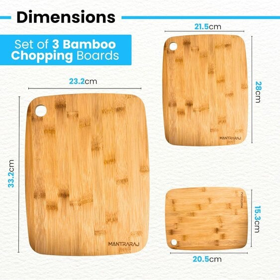 MANTRARAJ Bamboo Chopping Boards Set of 3 Various Sizes Kitchen Set Cutting Boards Easy-Grip & Hanging Holes