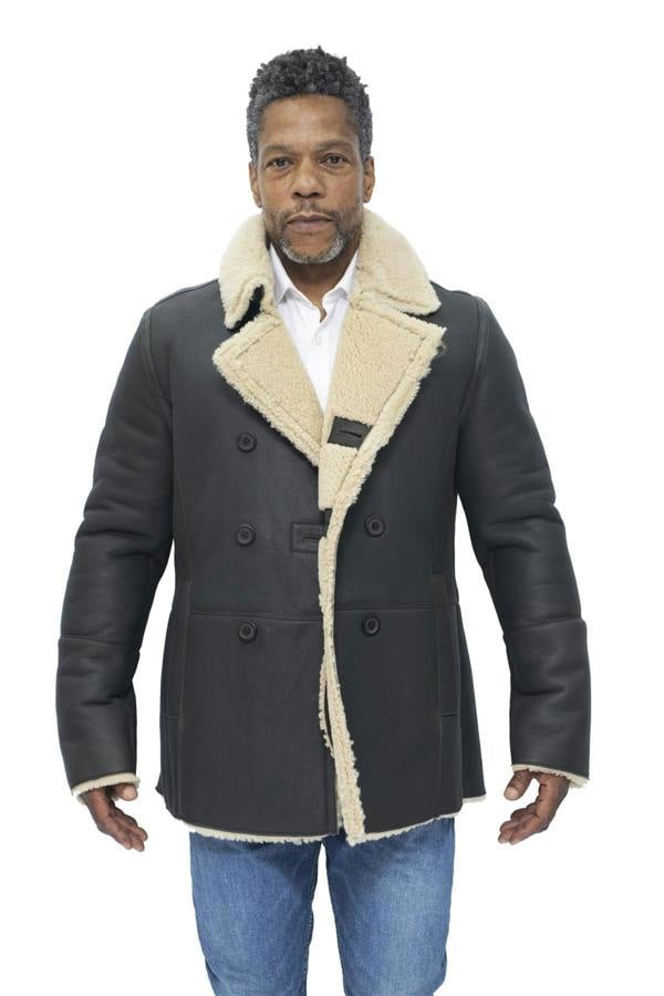 Infinity Leather Mens Double Breasted Shearling Sheepskin Pea Coat-Kington