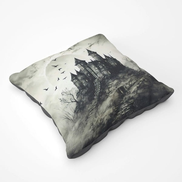 Warren Reed A Realistic Ink Drawing Of A Haunted Castle Floor Cushion