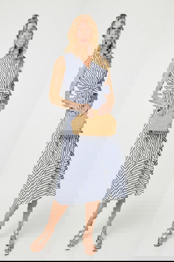 Navy | Striped Tie Waist Tiered Midi Dress : Model is 5'10"/178 cm and wears UK8/EU36/US4/AUS8