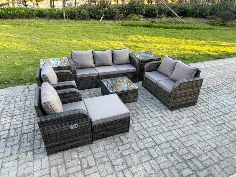 Fimous 8 Seater Garden Furniture Set Rattan Outdoor Lounge Sofa Chair With Tempered Glass Table 2 Side Tables Big Footstool Dark Grey Mixed