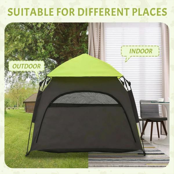 Green and black pet tent with curved canopy and front mesh door