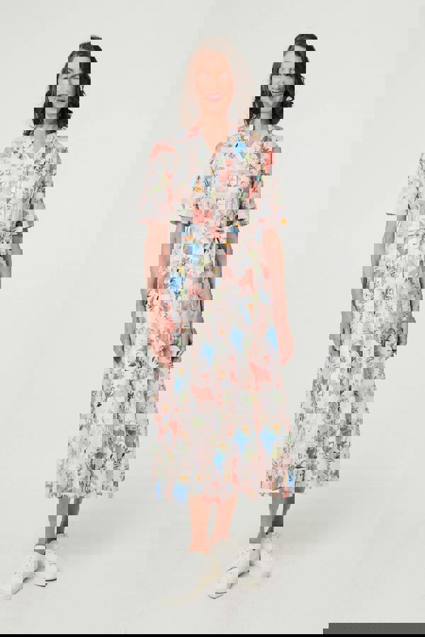 Pink | Printed Tie Waist 1/2 Sleeve Midi Dress
