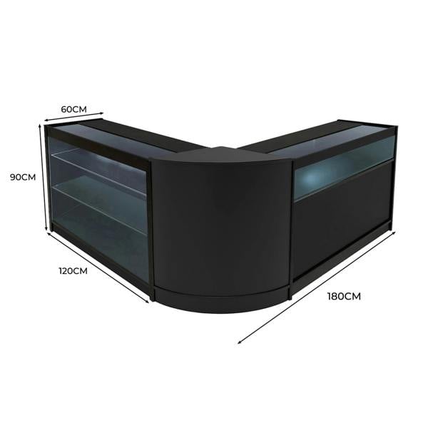 Triton LED Shop Counter Set in black, featuring sleek glass displays, curved edges, and dimensions of 120cm x 180cm x 90cm