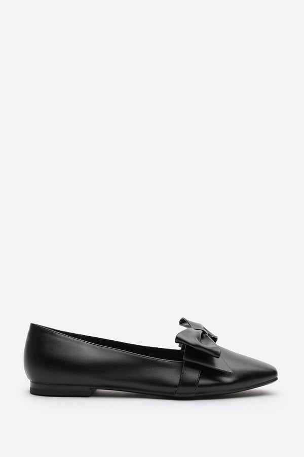 Where's That From Jessica Pointed Toe Ballet Flats With Bow Detail In Black Faux Leather