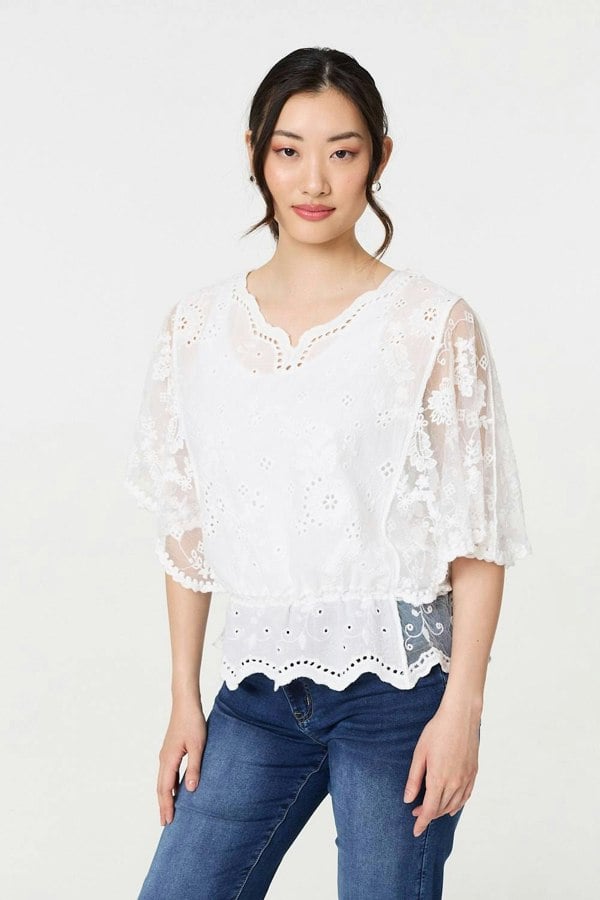 White | Broderie Anglaise Semi Sheer Peplum Top
