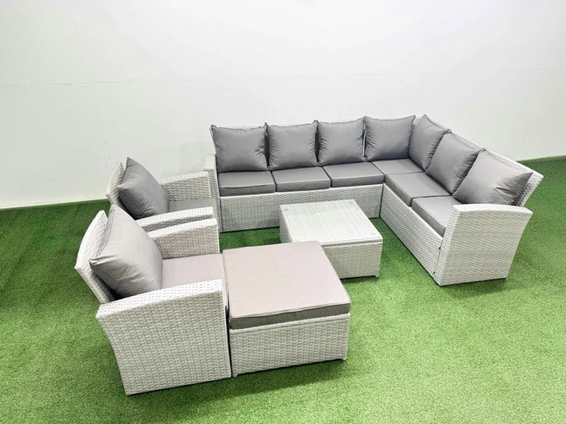 Fimous Rattan Garden Outdoor Furniture Set 9 Seater Rattan Garden Sofa Set with 2 Armchairs Big Footstool Light Grey Mixed