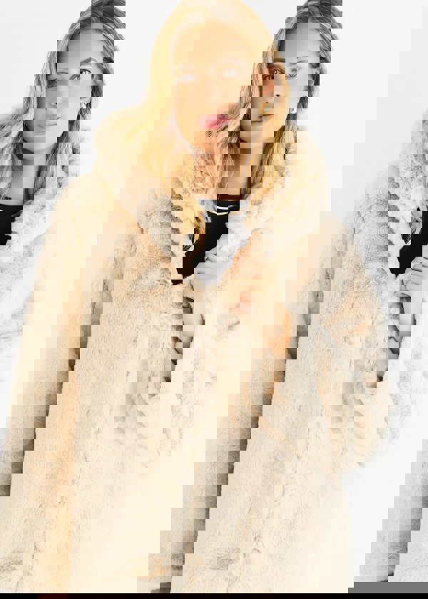 Gini London Stone Hooded Long Sleeve Faux Fur Jacket