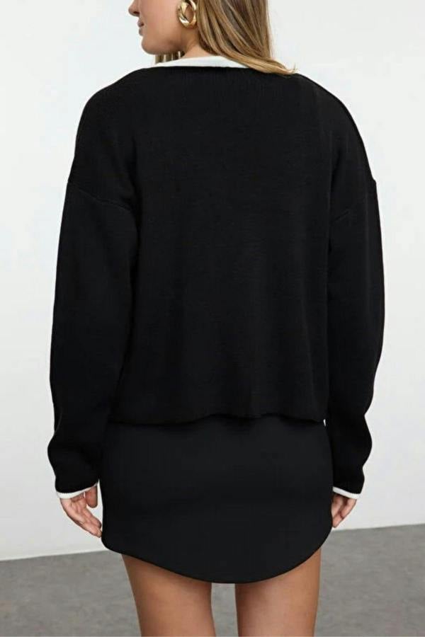 WOVCOR 2-Piece Color Block Knit Blouse-Cardigan Set