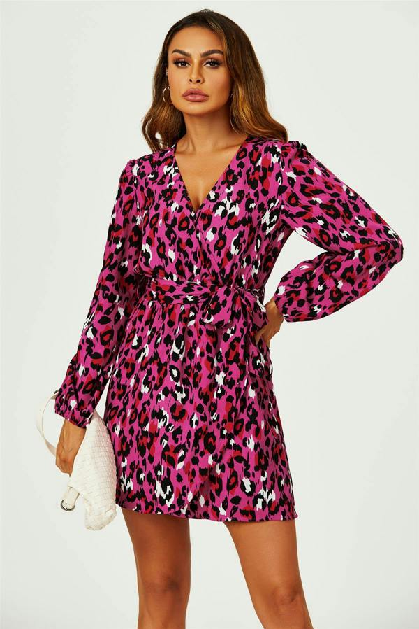 FS Collection Leopard Print Wrap Top Mini Dress In Magenta