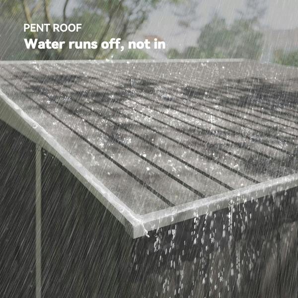 Grey metal shed pent roof edge with rain-shedding cover