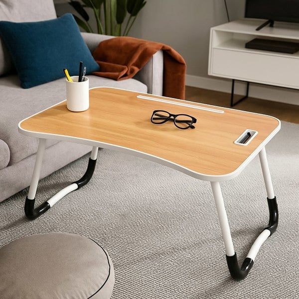 Modcraft Folding Laptop Bed Table with Cup Holder, Lap Desk Tray for Sofa, Breakfast, Portable, Walnut
