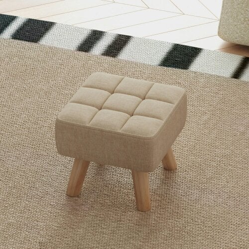 Wyld Haus Luluva Linen Look Brown Square Padded Footstool Diamond Tufted