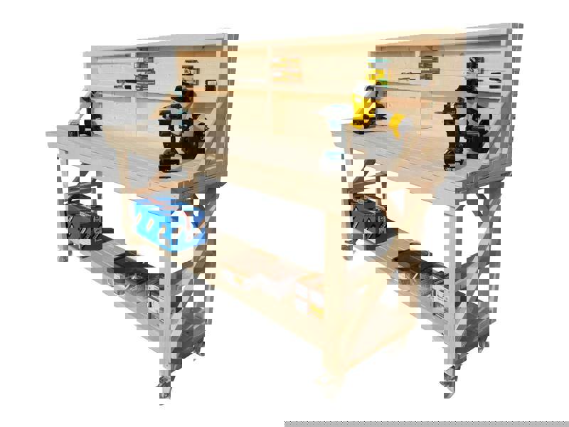 Acorn kiln-dried wooden workbench with back panel and wheels ideal for workshops and garages