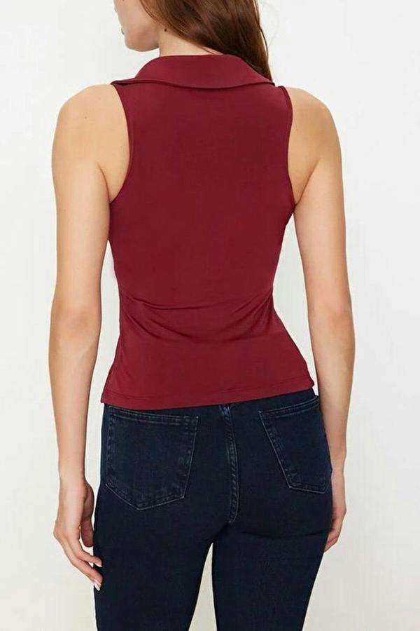 WOVCOR Fitted Polo Collar Stretch Knit Blouse