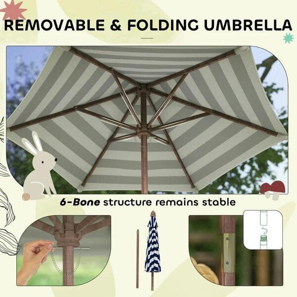 Outdoor Wooden Kids Picnic Table & Bench Set with Cushions and Umbrella, for Patio, Garden, Navy Blue