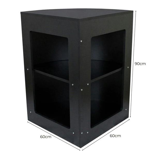Corner retail shop counter in sleek black finish, featuring two open shelves and a modern design, measuring 60cm by 90cm