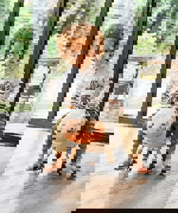 little boy scooting on moobert cow ride on 