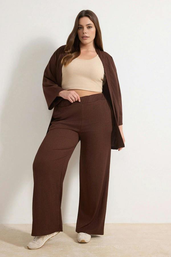 WOVCOR 2- Piece Straight Relaxed Fit Flexible Kimono Knit Plus Size Top and Bottom Set