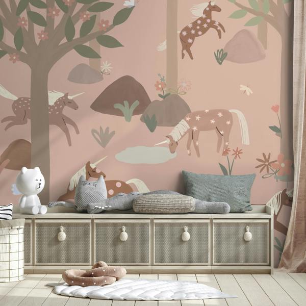 Roomblush Nursery Unicorn 6 Lane Repeatable Wallpaper Mural 300 x 285cm, Blush Pink