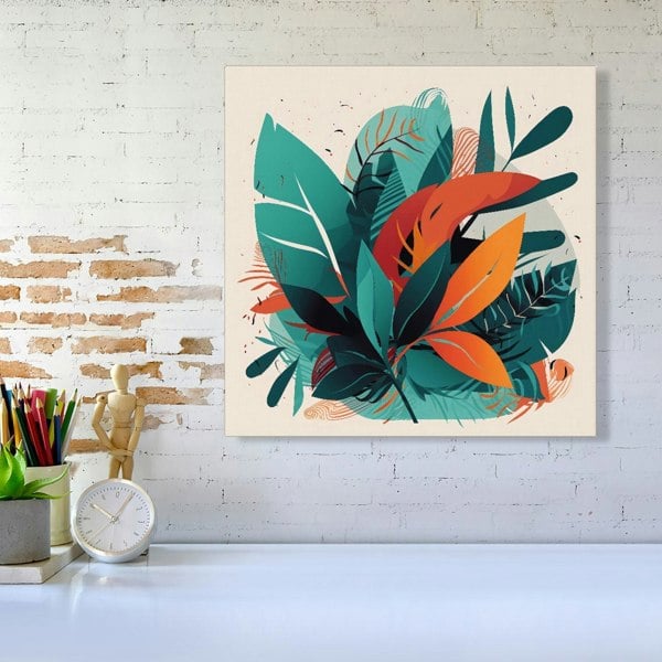 Warren Reed Green Orange Tropical Leaves Canvas