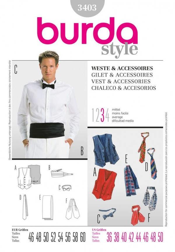 Burda Sewing Pattern 3403 Waistcoats and Ties For Men, 36 to 50 - Intermediate