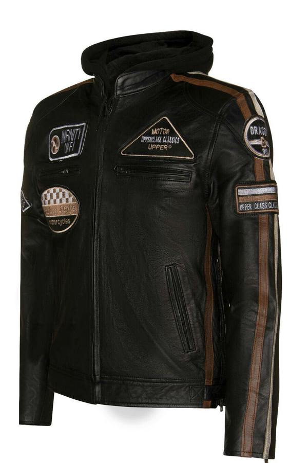 Infinity Leather Mens Racing Hooded Leather Biker Jacket-Detroit