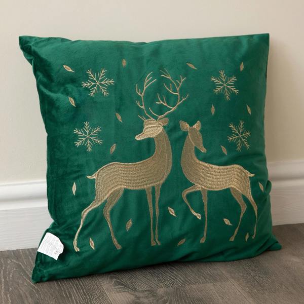 Samuel Alexander 44cm Emerald Green & Gold Reindeer Decorative Christmas Cushion