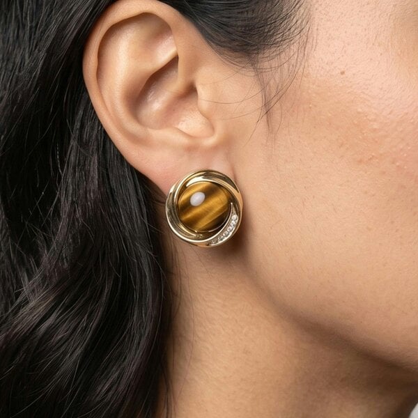Uchi & Soto Nekomeishi Tigers Eye Gold Stone Stud Earrings