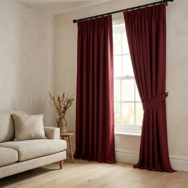 Lisbon made-to-measure curtains in Claret, styled in a living room
