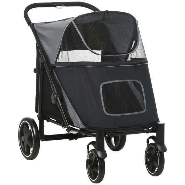 Black foldable pet stroller with mesh canopy, side window, and four rolling wheels
