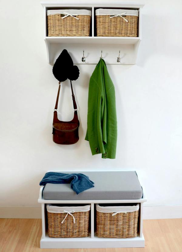 Statement Furniture Tetbury White Storage Bench with Natural Wicker Baskets and Grey Cushion