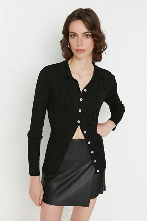 WOVCOR Mercerized Look Ribbed Polo Neck Knit Cardigan