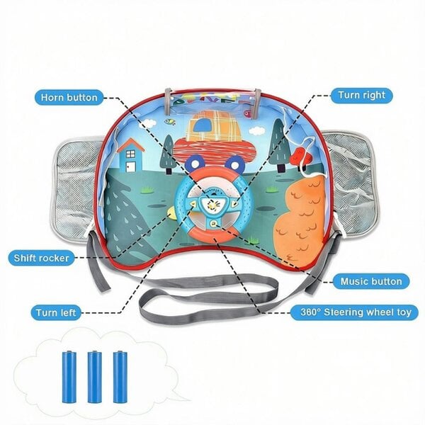 deAO Toys Kids Steering Wheel Toy with Lights & Music – Interactive Car Seat Driving Simulation Toy with Horn, Gear Shift & Travel Strap