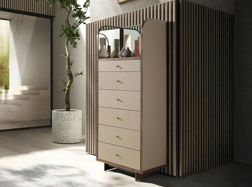 Angel Cerdá Leatherette, Walnut and Polished Steel Chest of Drawers With Mirror 7206