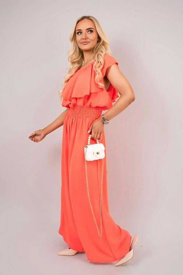 Tawnie Off Shoulder Flared Wide Leg Jumpsuit With Ruffle Detail - Coral