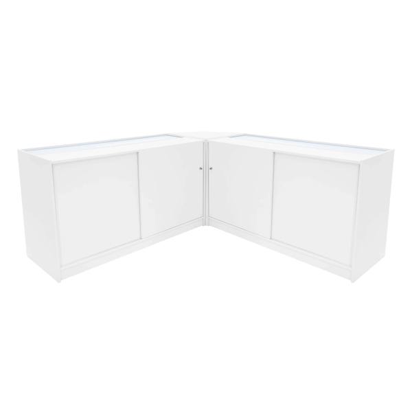 Sleek white Selene LED shop counter set with two C1500 display units, featuring smooth surfaces and modern corner design