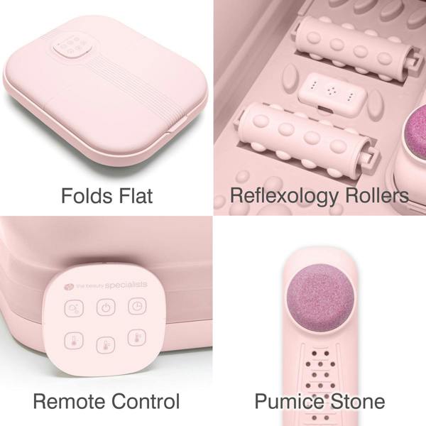 The Rio Deluxe Foldaway Foot Spa Bath in pink is displayed in four panels: folded flat, with reflexology rollers, remote control with labeled buttons, and pumice stone attachment—each feature shown for an at-home spa experience.
