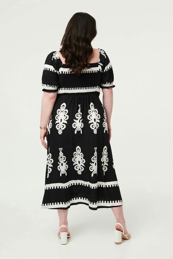 Black | Curve Printed Puff Sleeve Tie Midi Dress