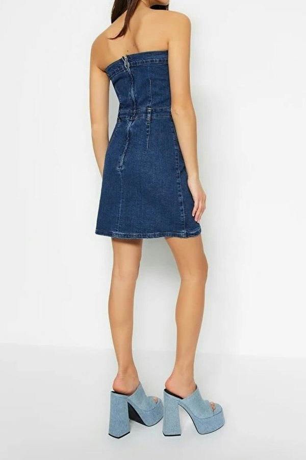 WOVCOR Button Detail Elastic Strapless Mini Denim Dress