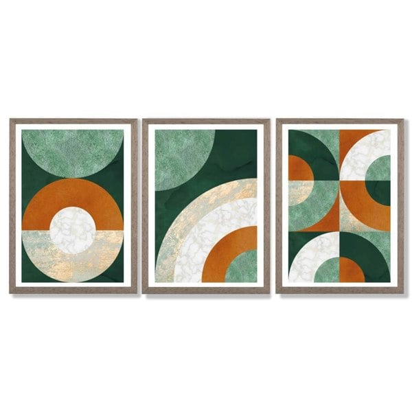 Set of 3 Orange and Green Abstract Framed Art Prints with Light Walnut Frames