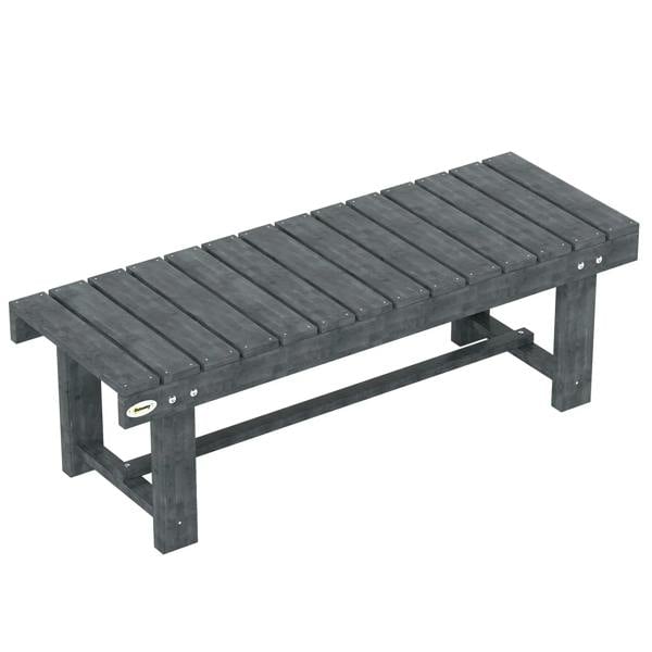 Grey two-seater wooden garden bench with slatted seat and sturdy legs