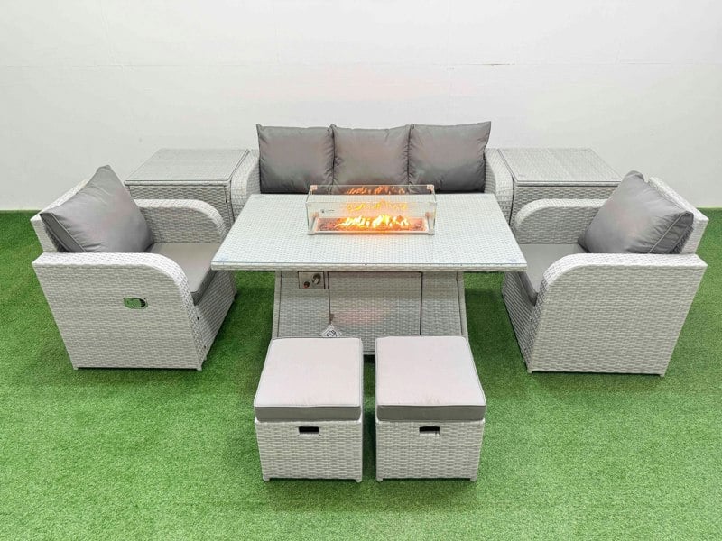 Fimous PE Rattan Garden Furniture Set Reclining Chair Sofa Lounge Sofa Set Fire Pit Dining Table 2 Side Table 2 Small Stools Light Grey