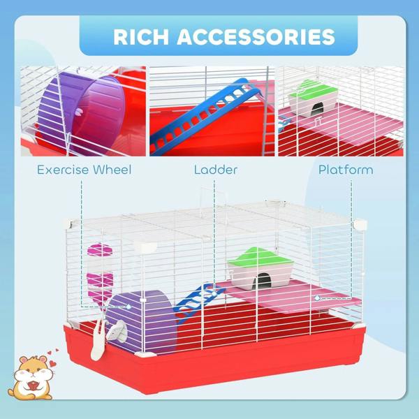 Hamster cage with accessories: exercise wheel, ladder, and platform across two tiers.