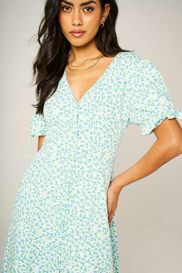 FS Collection Green Blue Floral Print Button Front Tie Sleeve Midi Dress In White