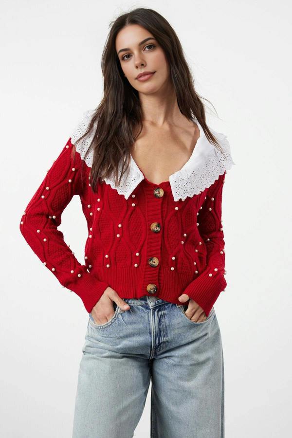 WOVCOR Shirt Woven Garni Collar Detailed Knit Cardigan
