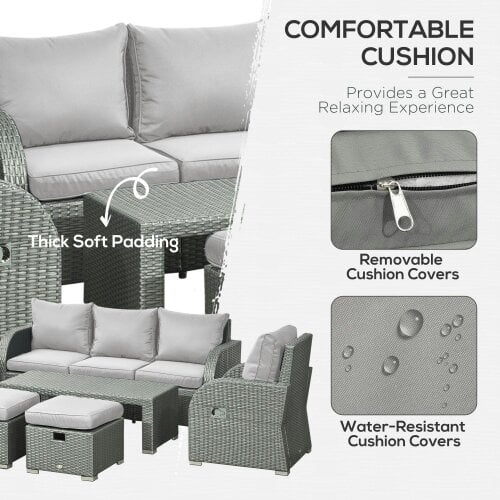 Wyld Haus Tanette Rattan Grey 7 Seater Outdoor Sofa Set With Reclining 2 Armchairs And 2 Stools