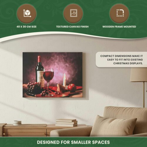 Red Wine, Grapes & Candle Christmas Canvas Print with LED Flickering Lights, 40 x 30cm, Wooden Frame, Battery Powered